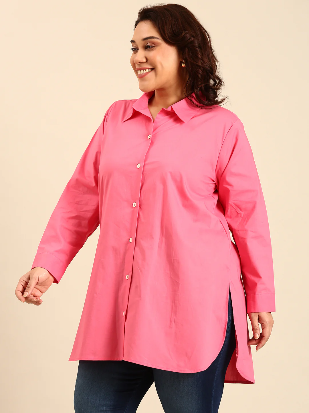Women Pink Longline Button Down Shirt - Image 5