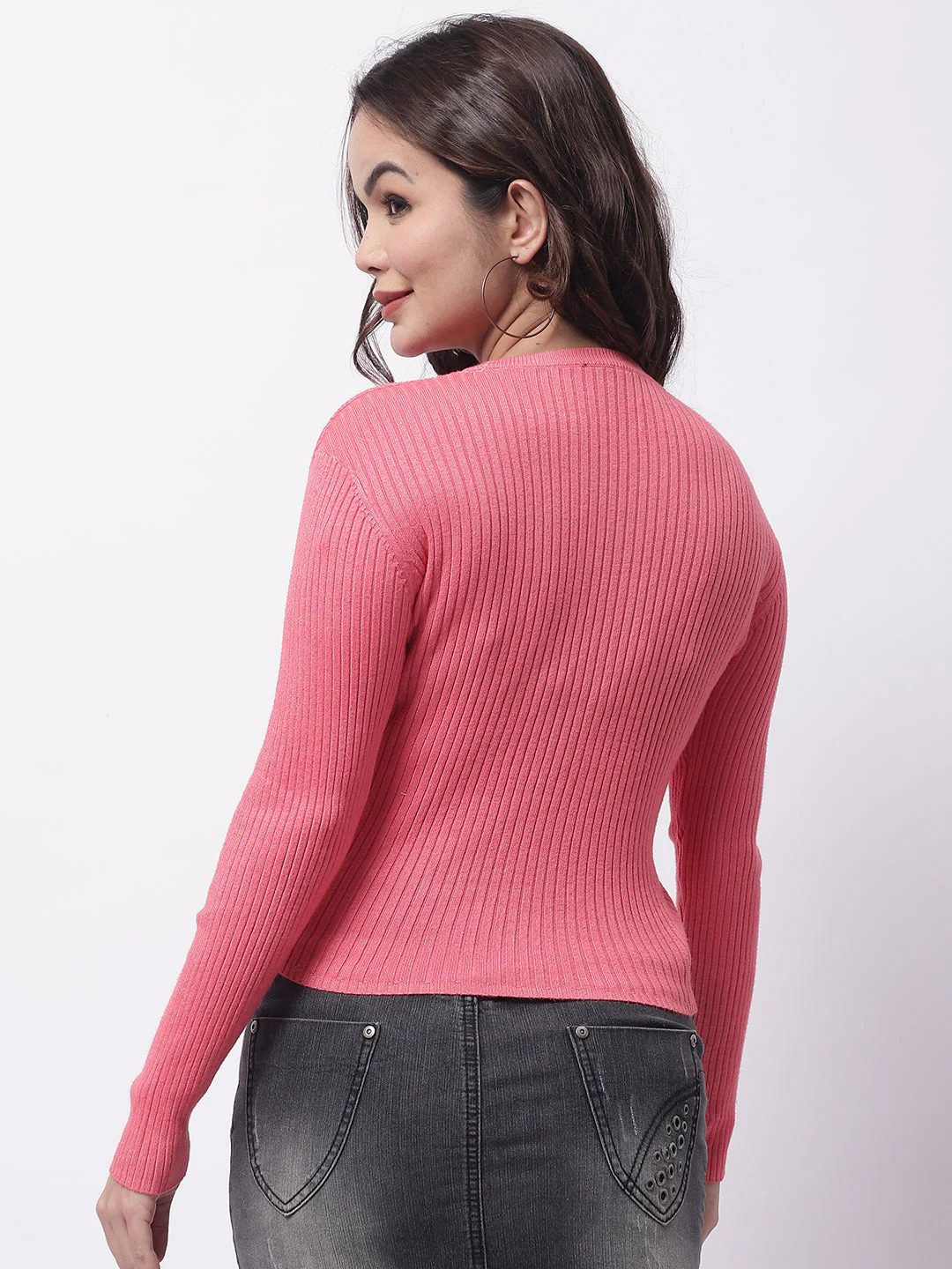 Women Pink Ribbed Top - Image 6