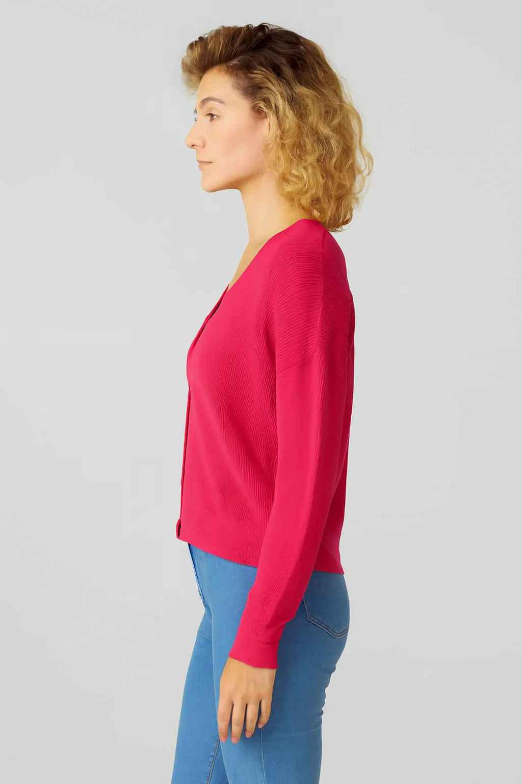 Women Pink V-Neck Button Down Sweater - Image 3