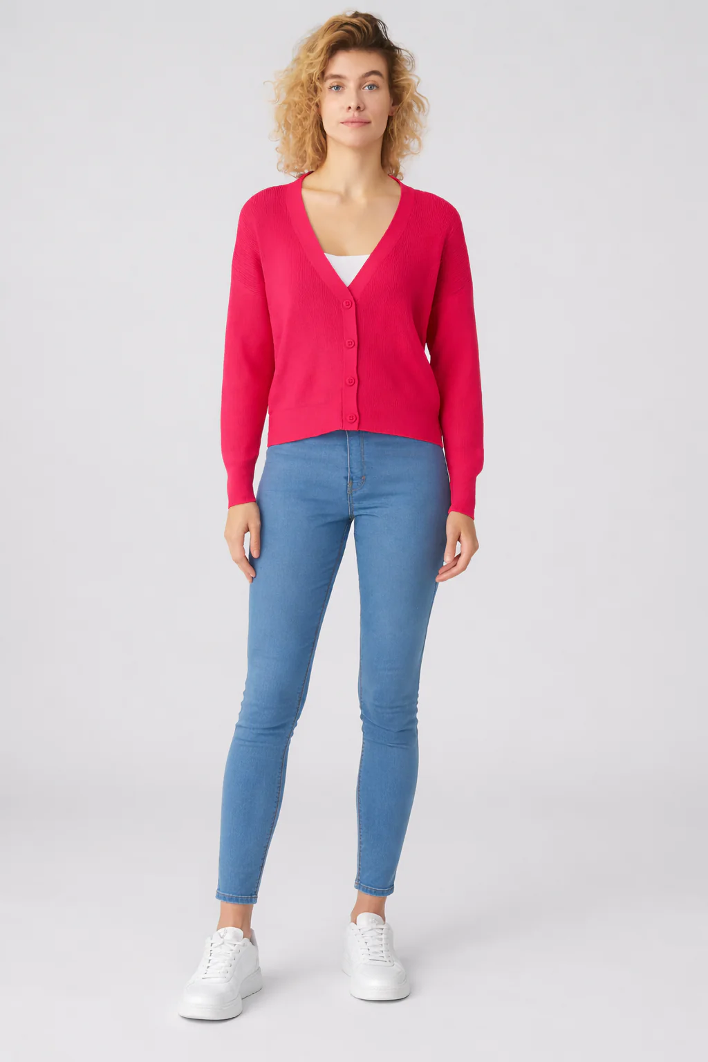Women Pink V-Neck Button Down Sweater - Image 4
