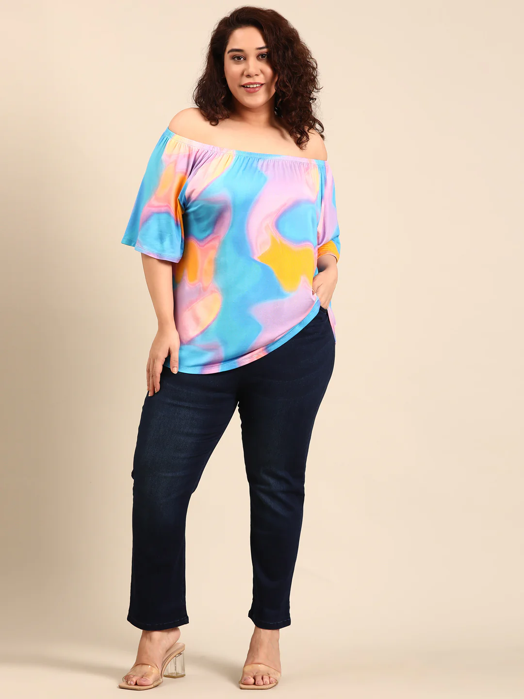 Women Plus Size Multi-color Off-shoulder Top - Image 5