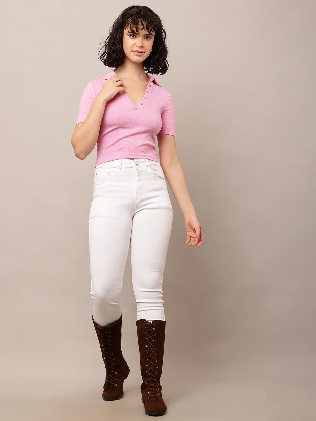 Women Polo Neck Pink T-Shirt - Image 3