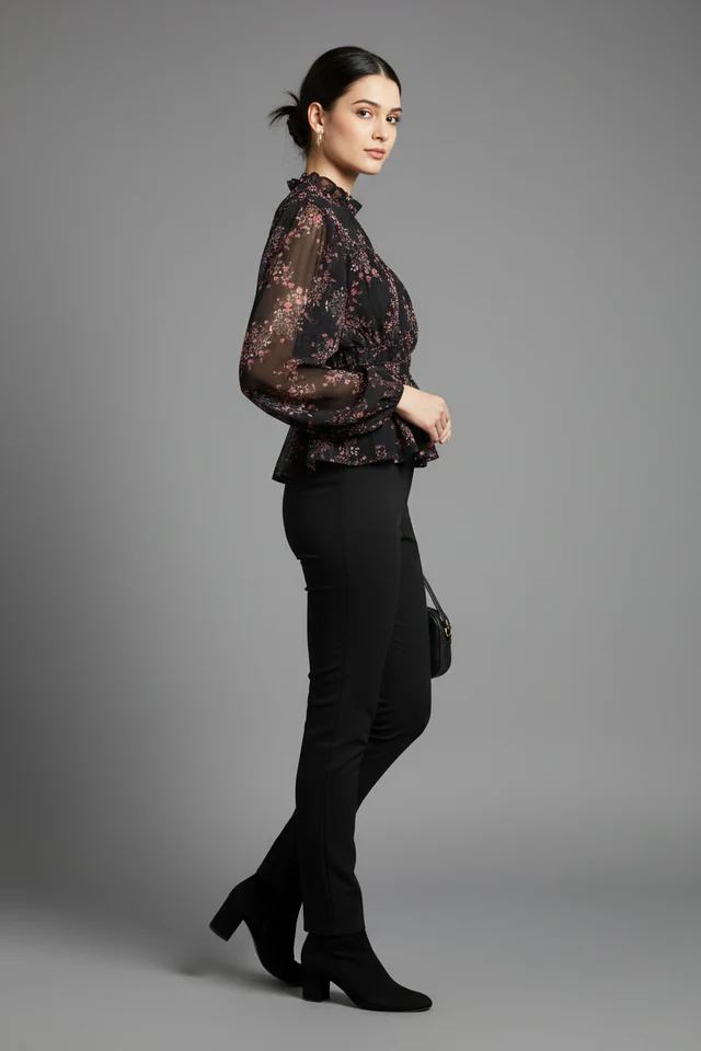 Women Polyester Black Floral Sheer Peplum Top - Image 5