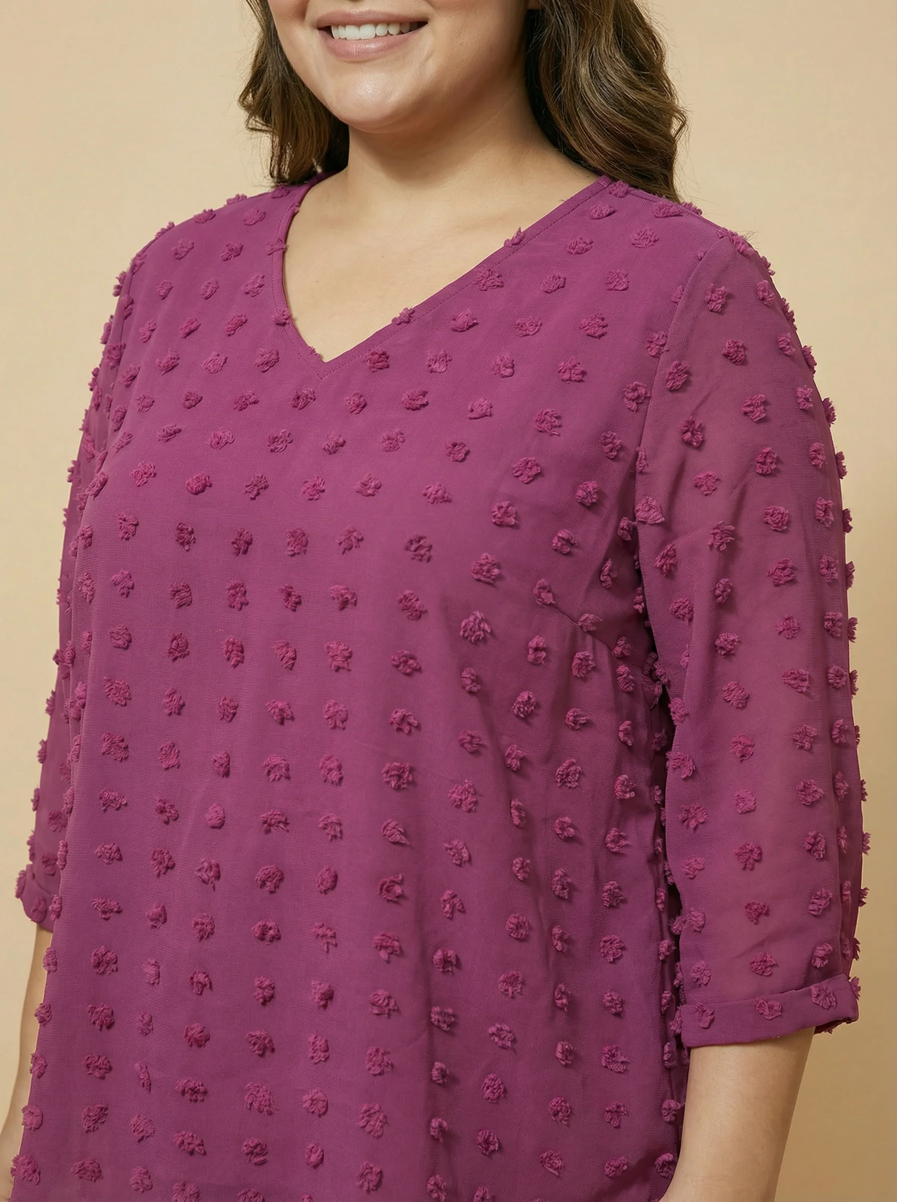 Women Purple Dobby V-Neck Top - Image 3