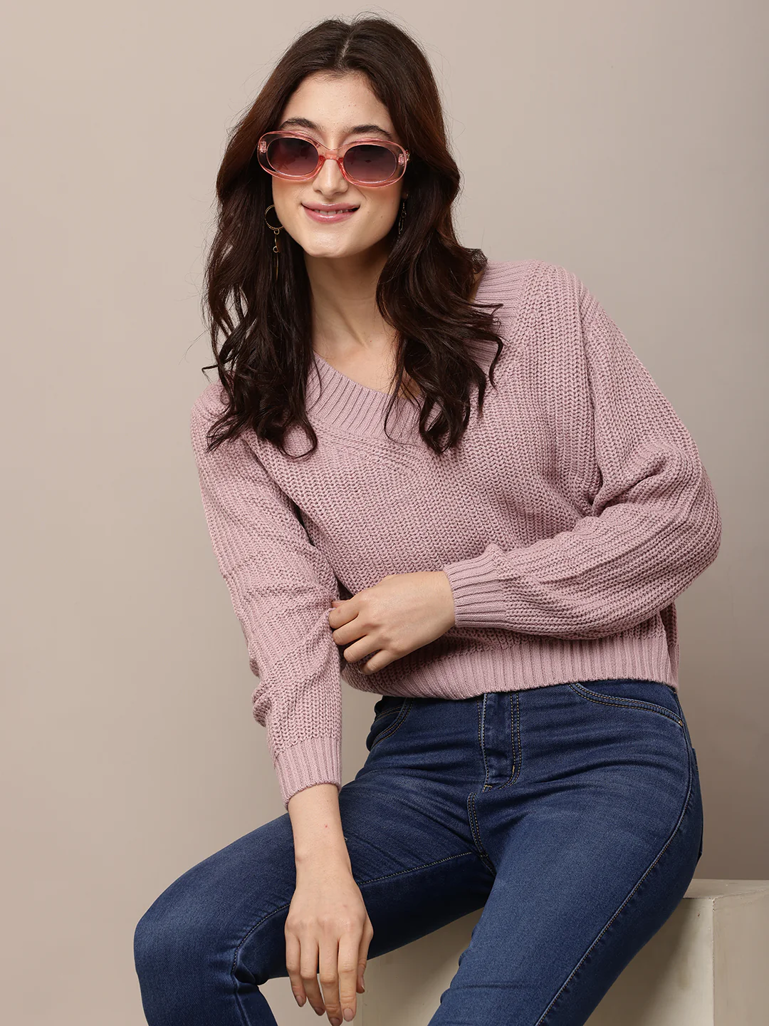 Women Purple Knitted Sweater with V-Neck - Image 2