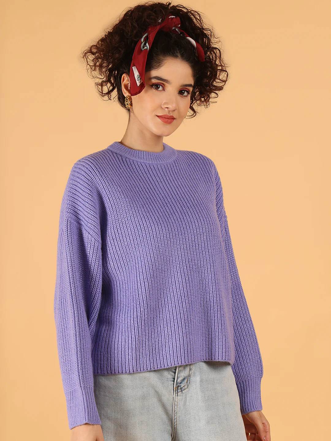 Women Purple Ribbed Relaxed Crew Neck Sweater - Image 2