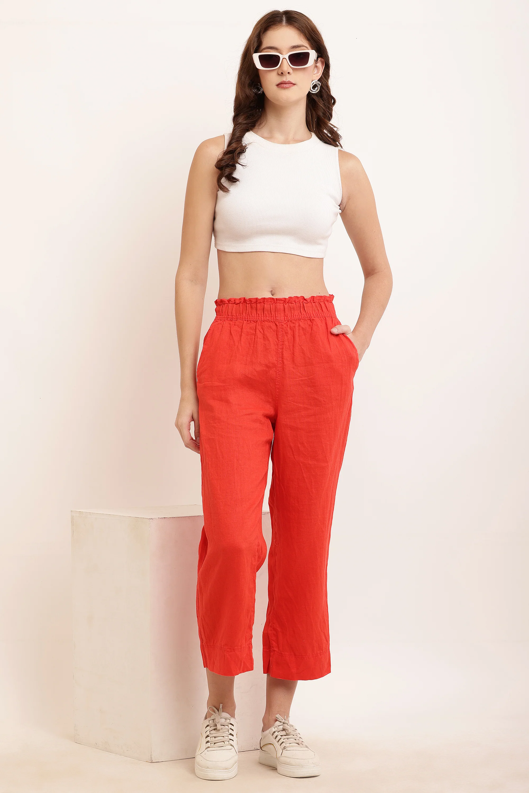 Women Red Ankle Length Pants - Image 7
