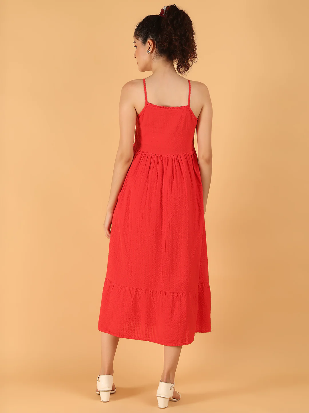 Women Red Cotton Smocked Midi Summer Dress - Image 4