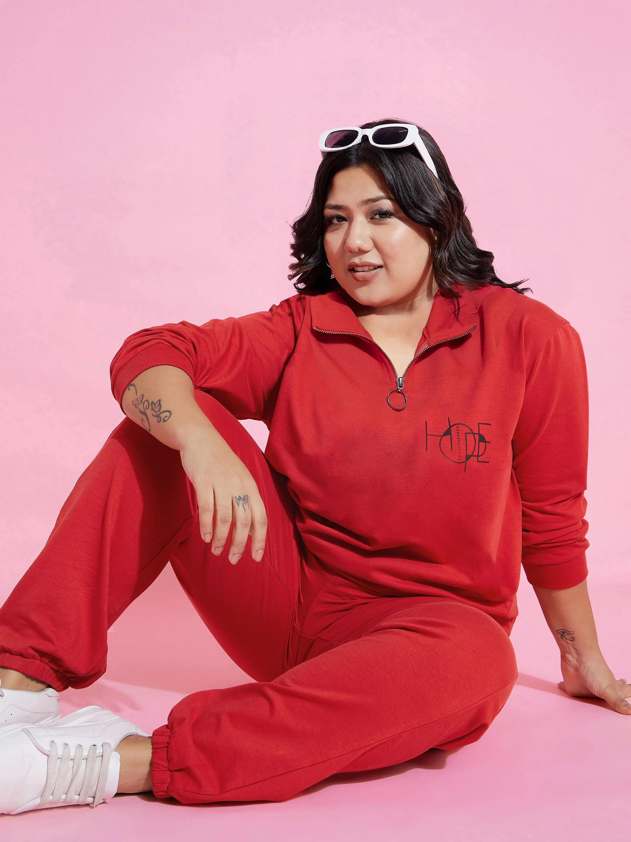 Women Red Fleece Zipper Sweatshirt