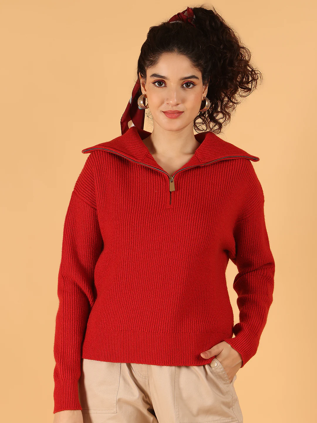 Women Red Half-Zip Knit Sweatshirt with Collar