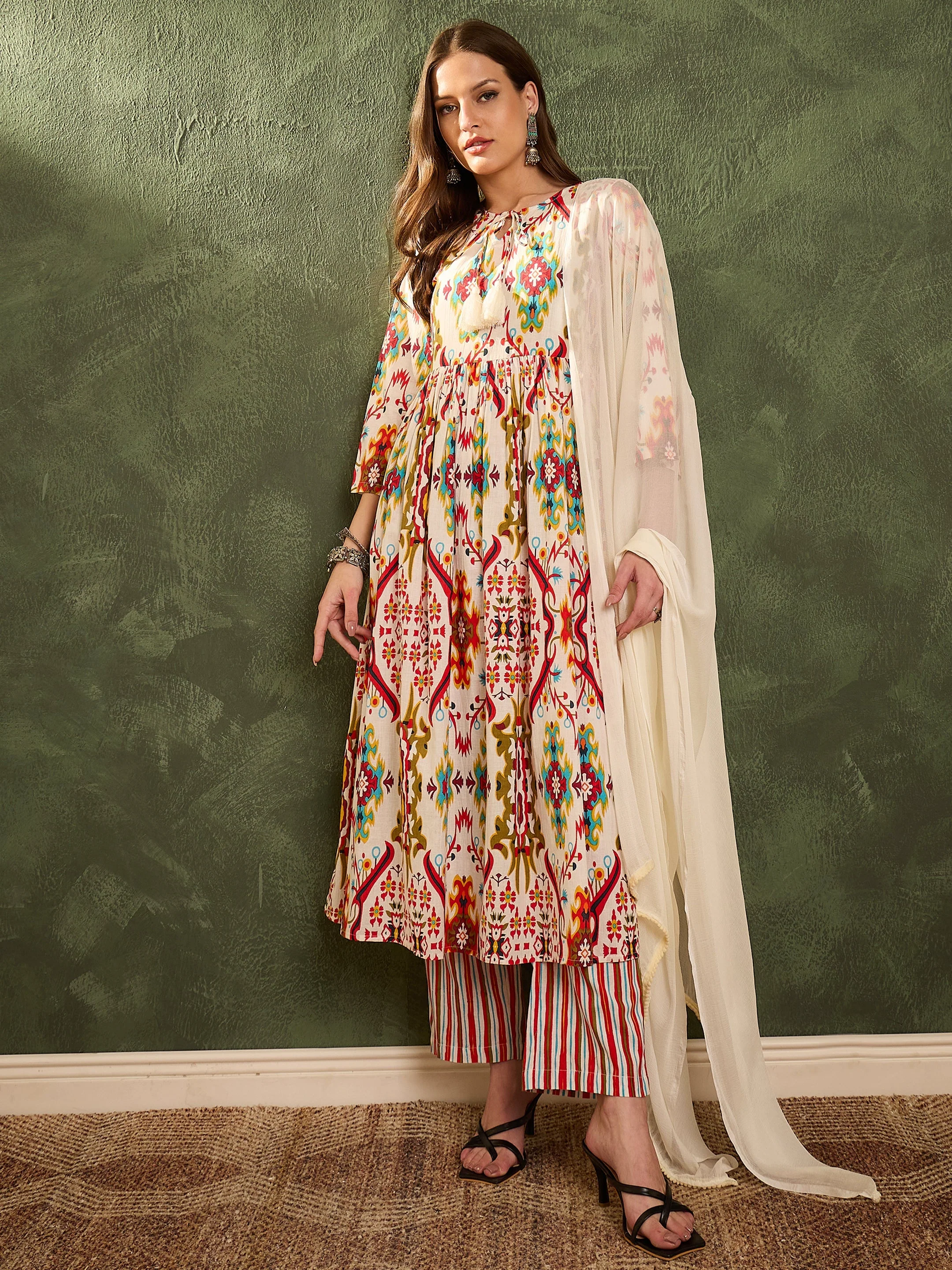 Women Red Multi Ikat Dori Gathered Kurta Set with Dupatta