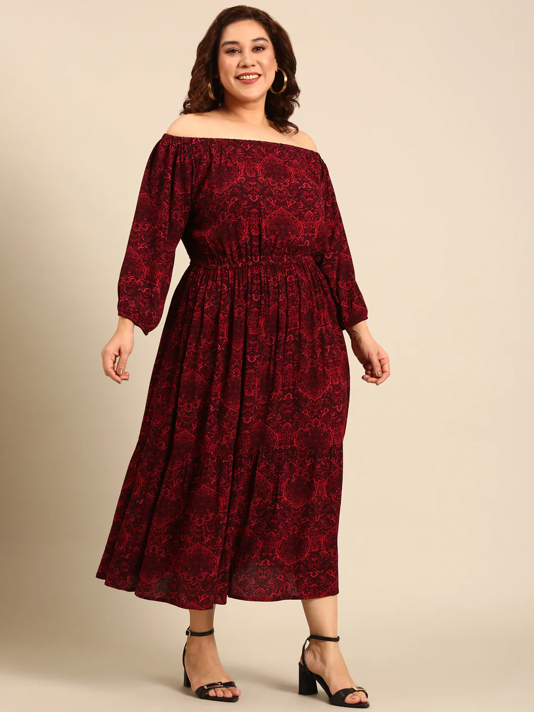 Women Red Printed Off-Shoulder Dress - Image 3