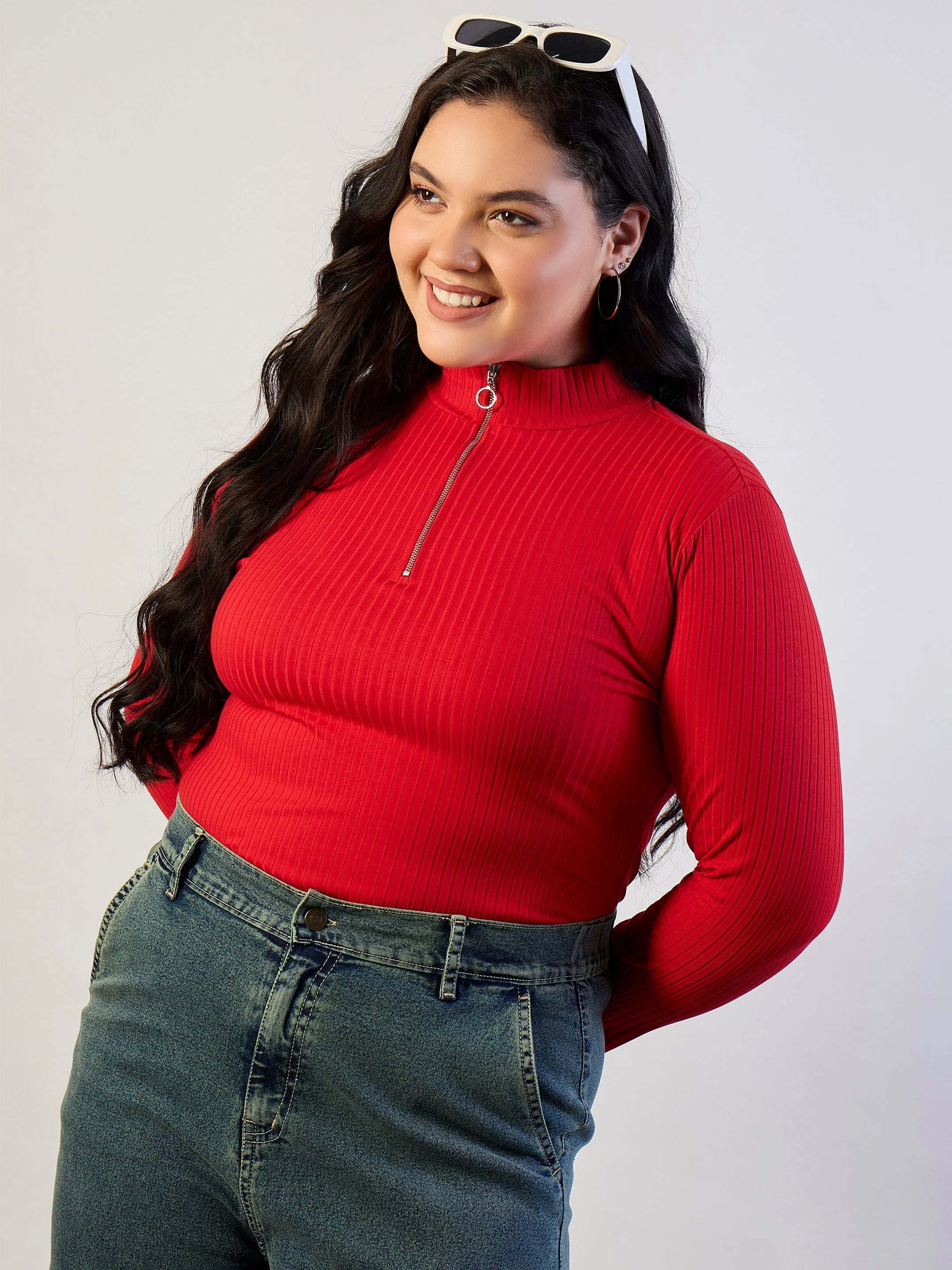 Women Red Rib Front Zipper Top