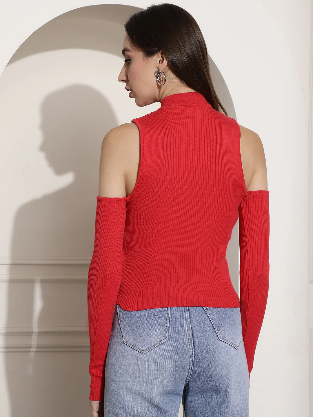 Women Red Ribbed Cold Shoulder - Image 5