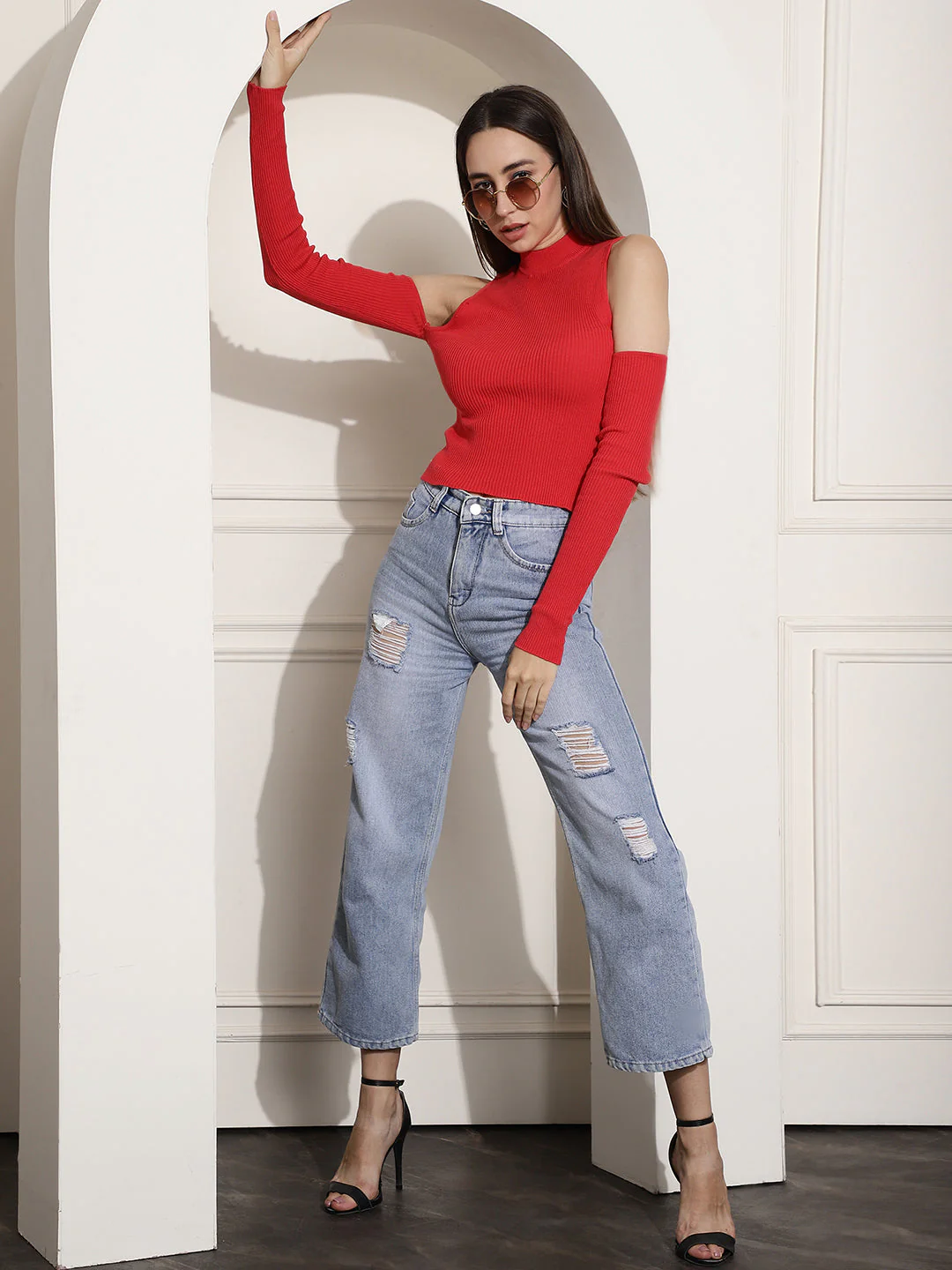 Women Red Ribbed Cold Shoulder - Image 7