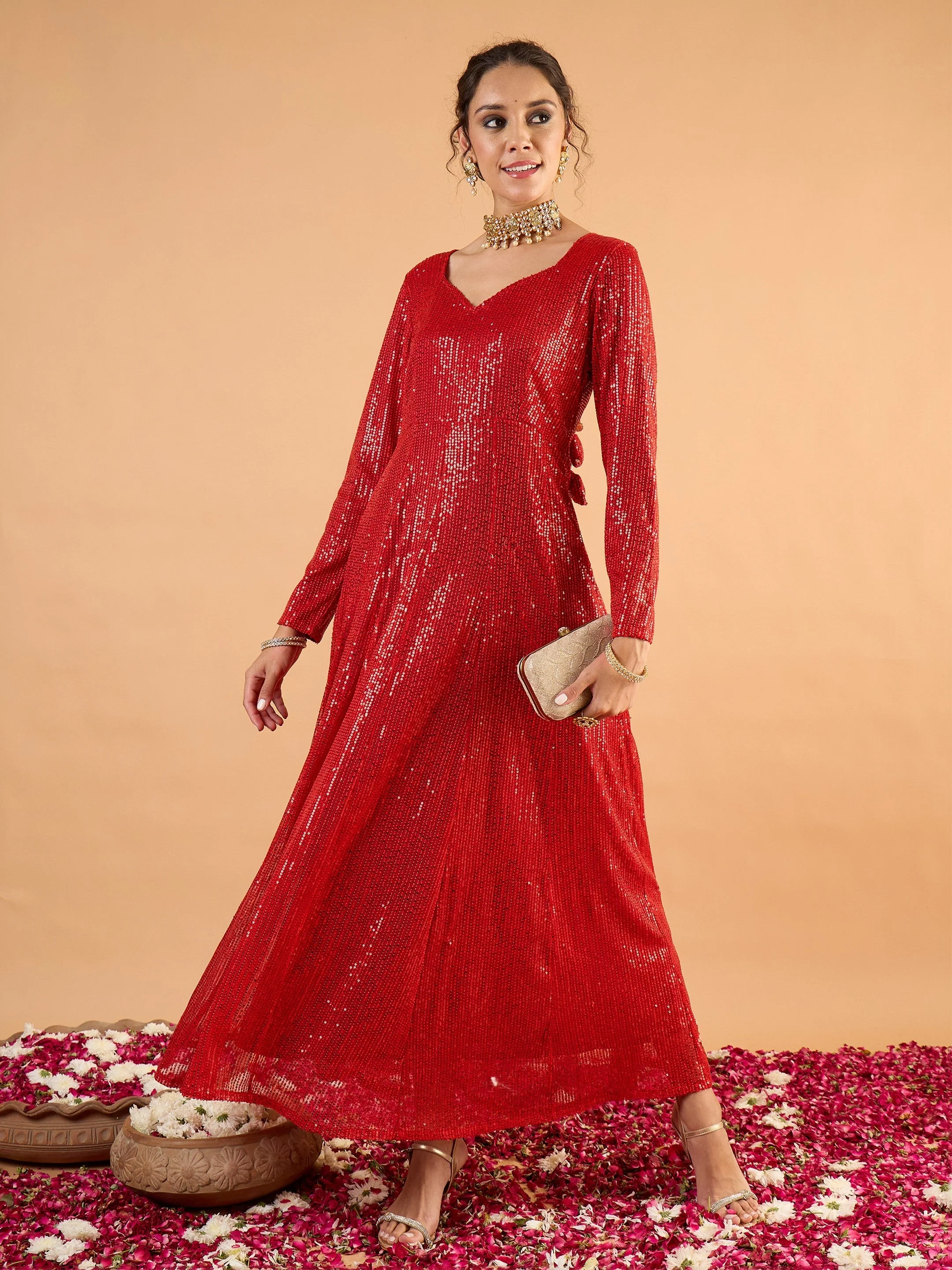 Women Red Sequence Anarkali Dress