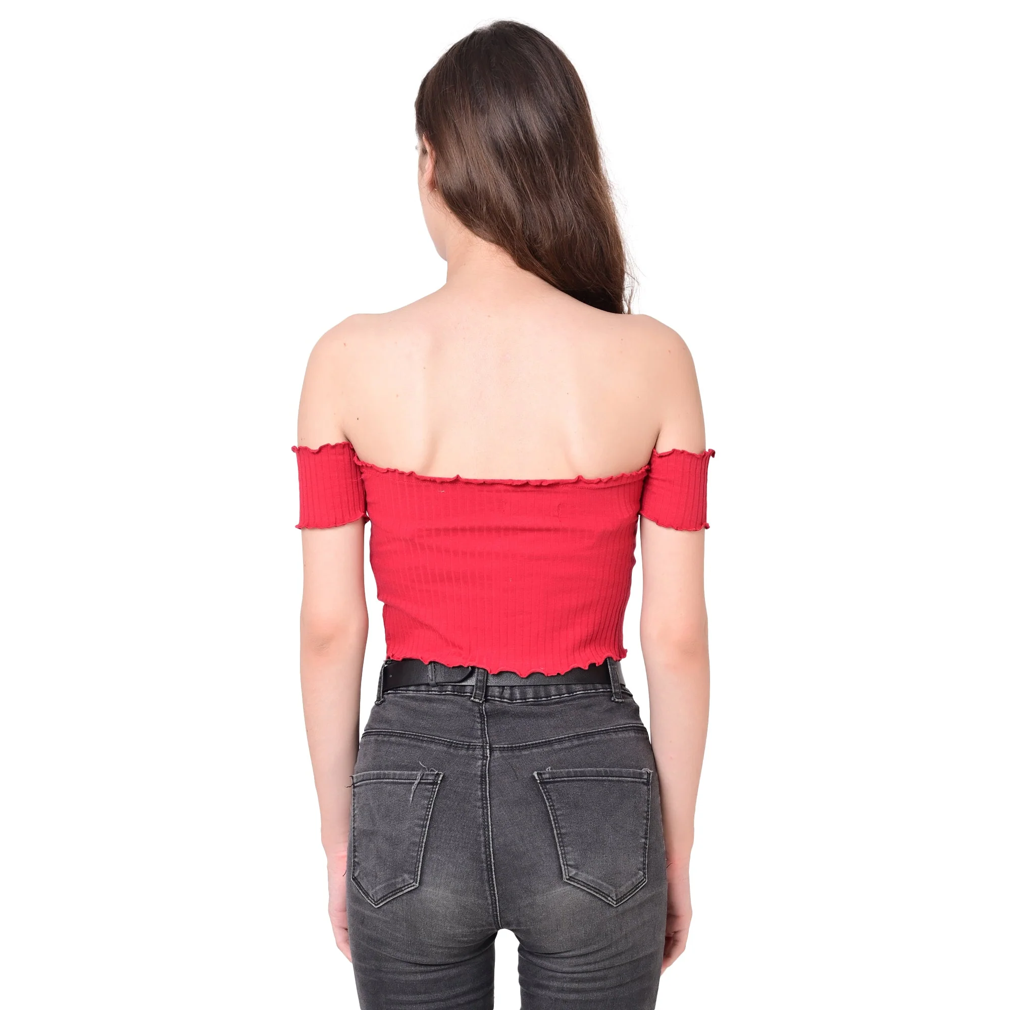 Women Red Smocked Crop Top - Image 3