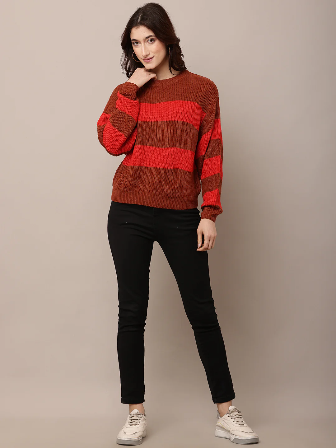 Women Red Striped Baggy Sweater with Round Neck - Image 3