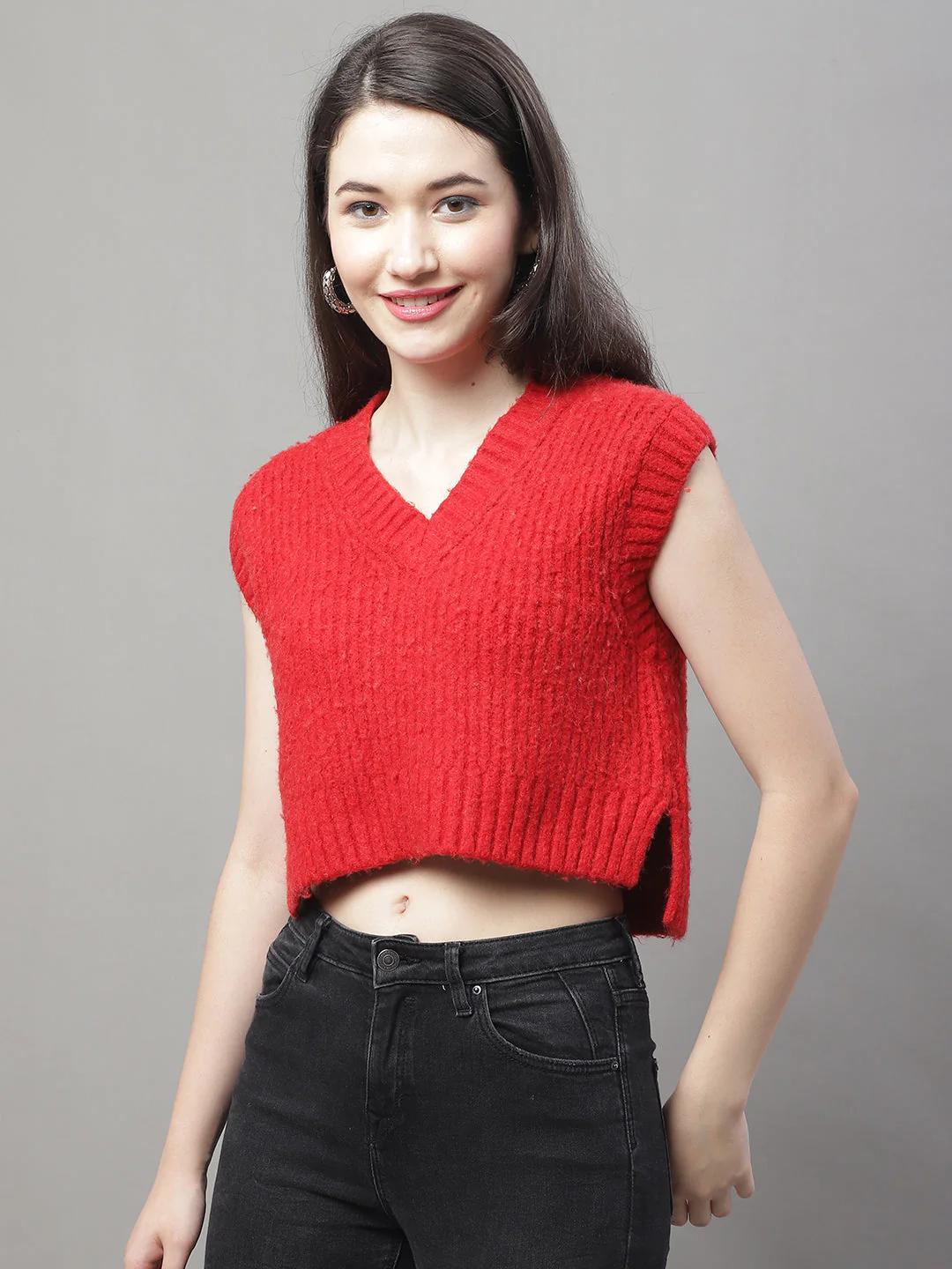 Women Red V Neck Sweater - Image 2