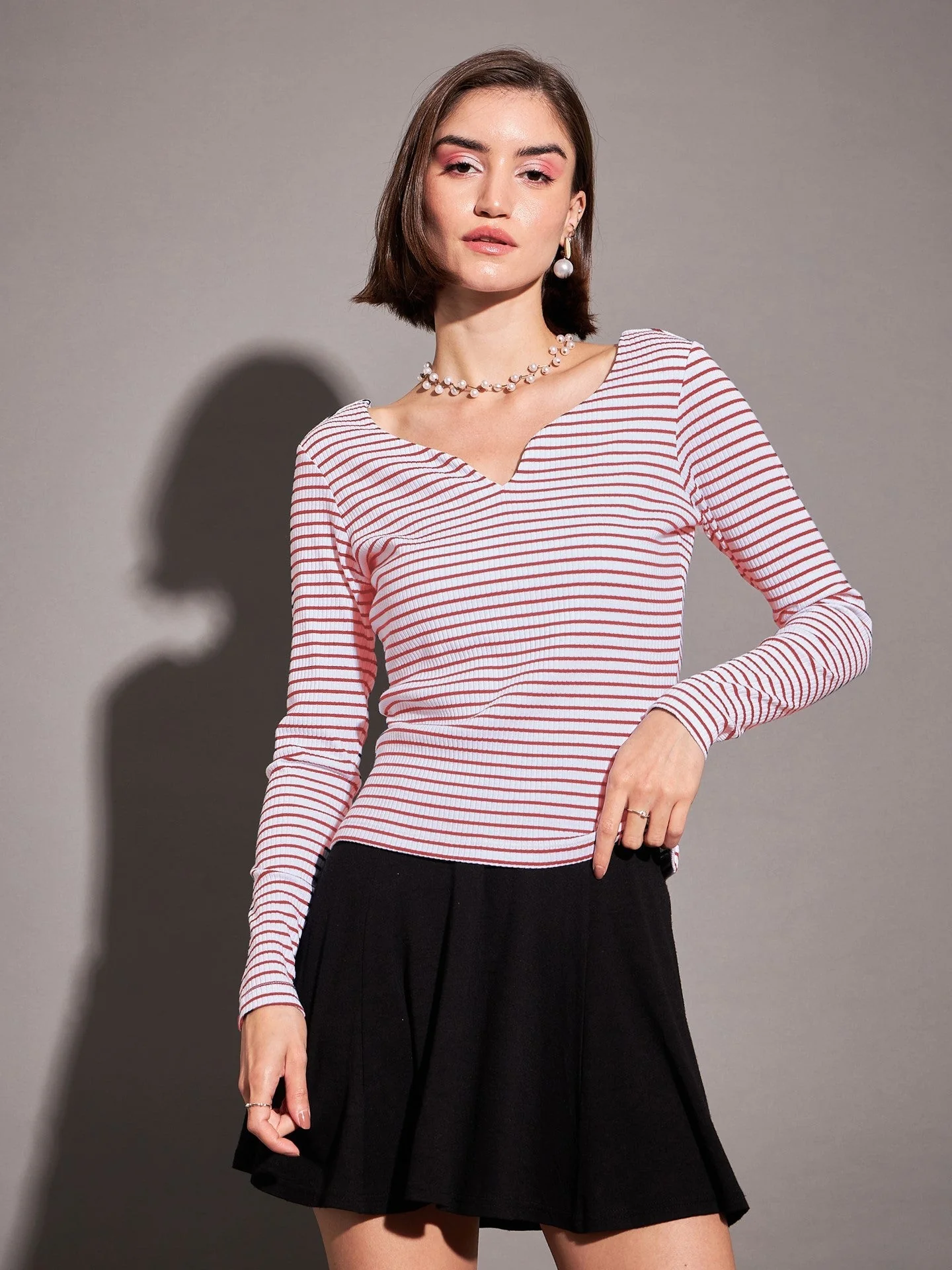 Women Red & White Striped Rib Top