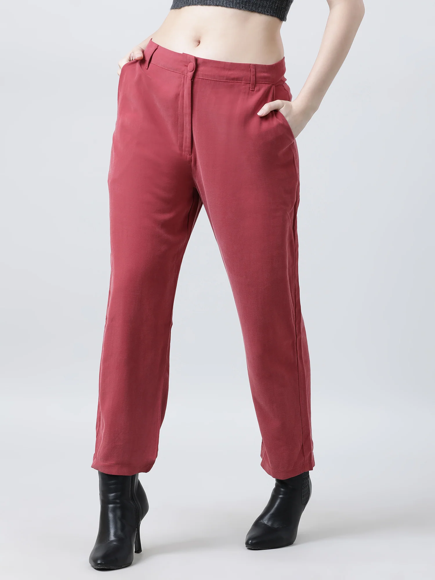 Women Regular Fit Mid Rise Solid Maroon Pants - Image 2