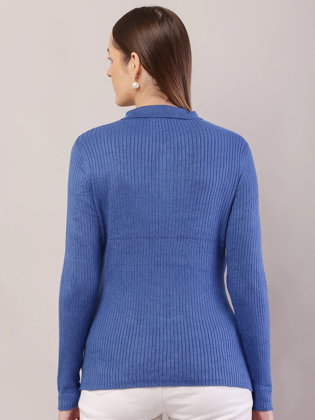 Women Ribbed Blue Sweater - Image 4