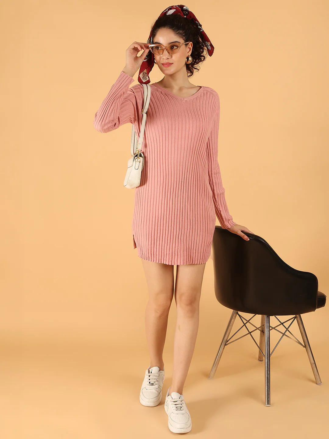Women Rose Pink Ribbed Knit Sweater Dress - Image 3
