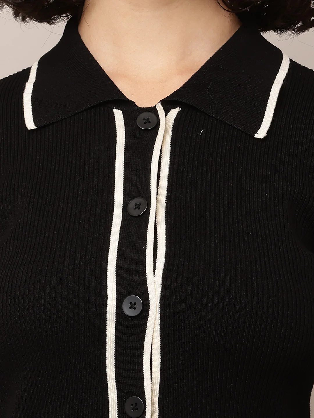Women Shirt Collar Ribbed Black Shirt - Image 5