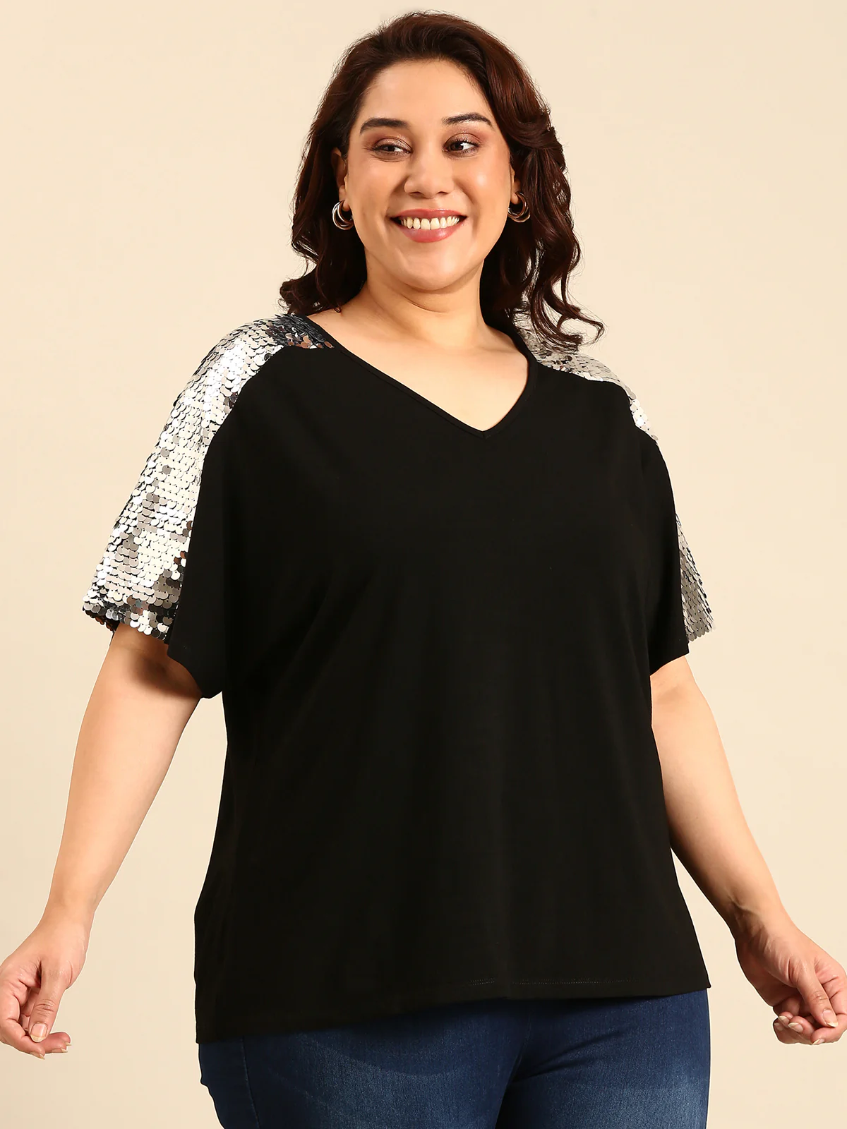 Women Silver Sequin Embellished Black Top