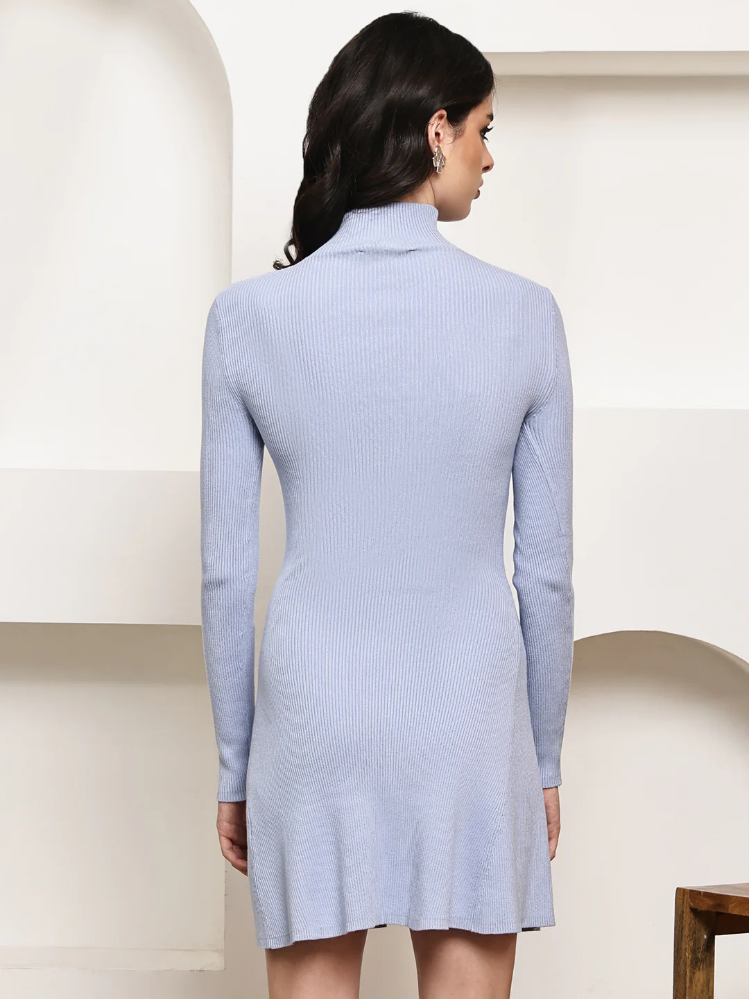 Women Sky blue  Acrylic Fit & Flare Knit Dress - Image 4