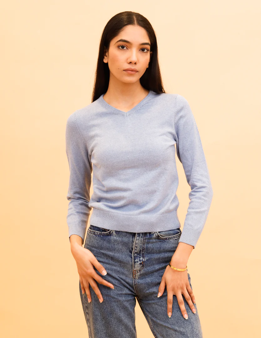 Women Sky Blue V Neck Sweater - Image 2