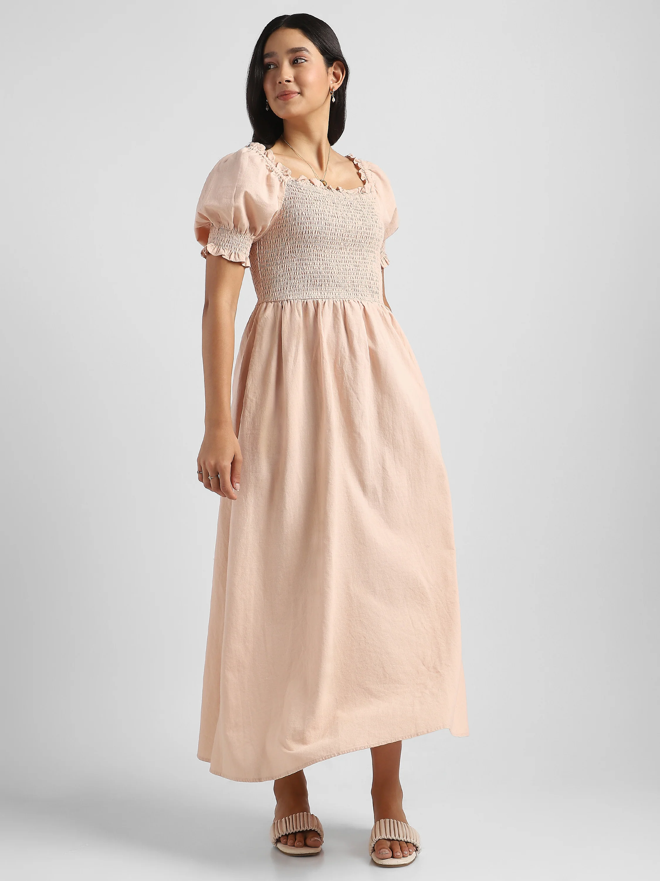 Women Solid Peach Baloon Sleeve Maxi Dress