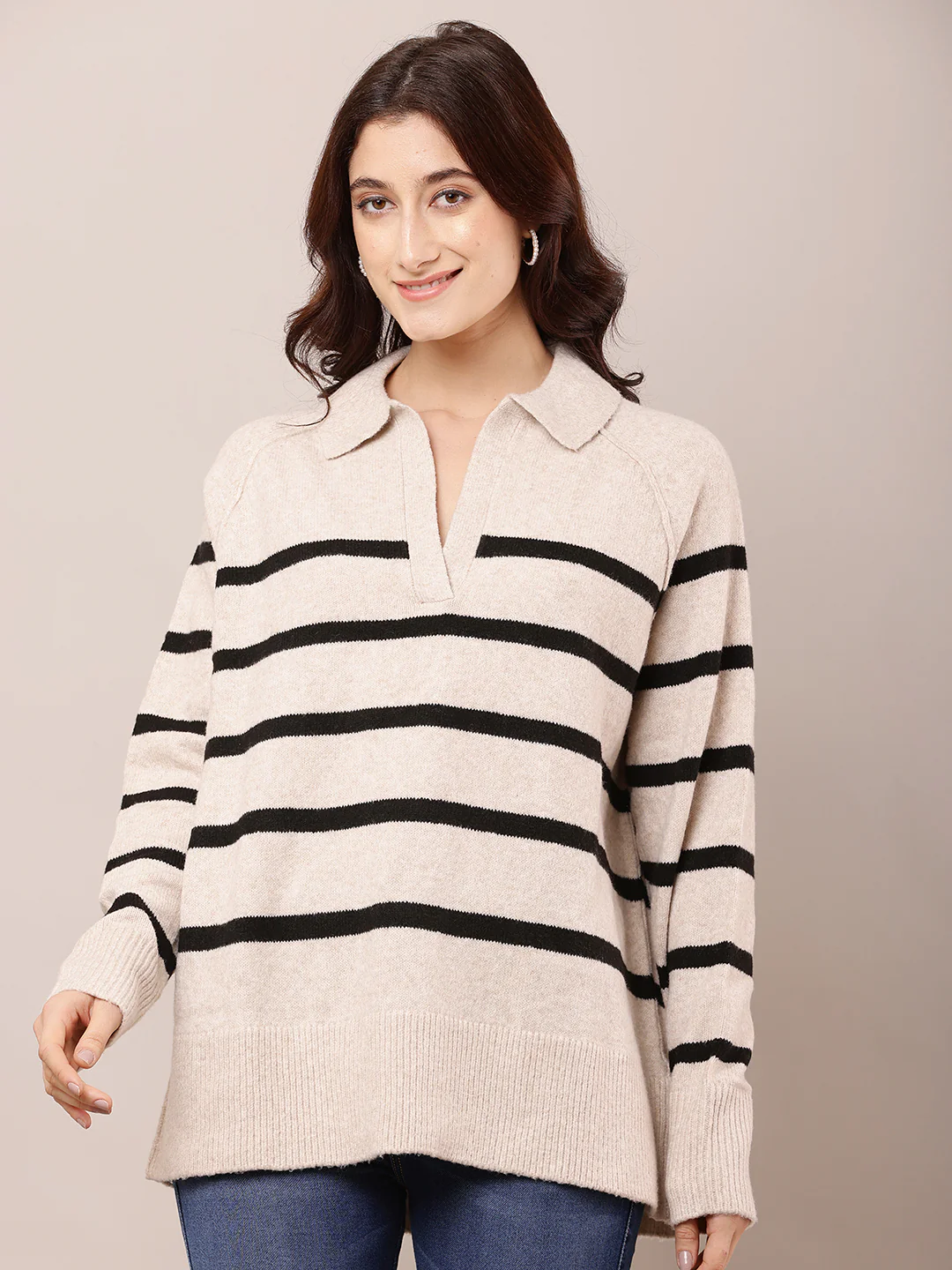 Women Striped Beige V-Neck Baggy Sweater