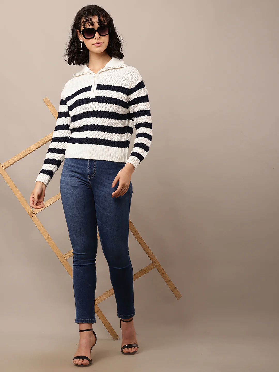 Women Striped Shirt Collar White Black Sweater - Image 3