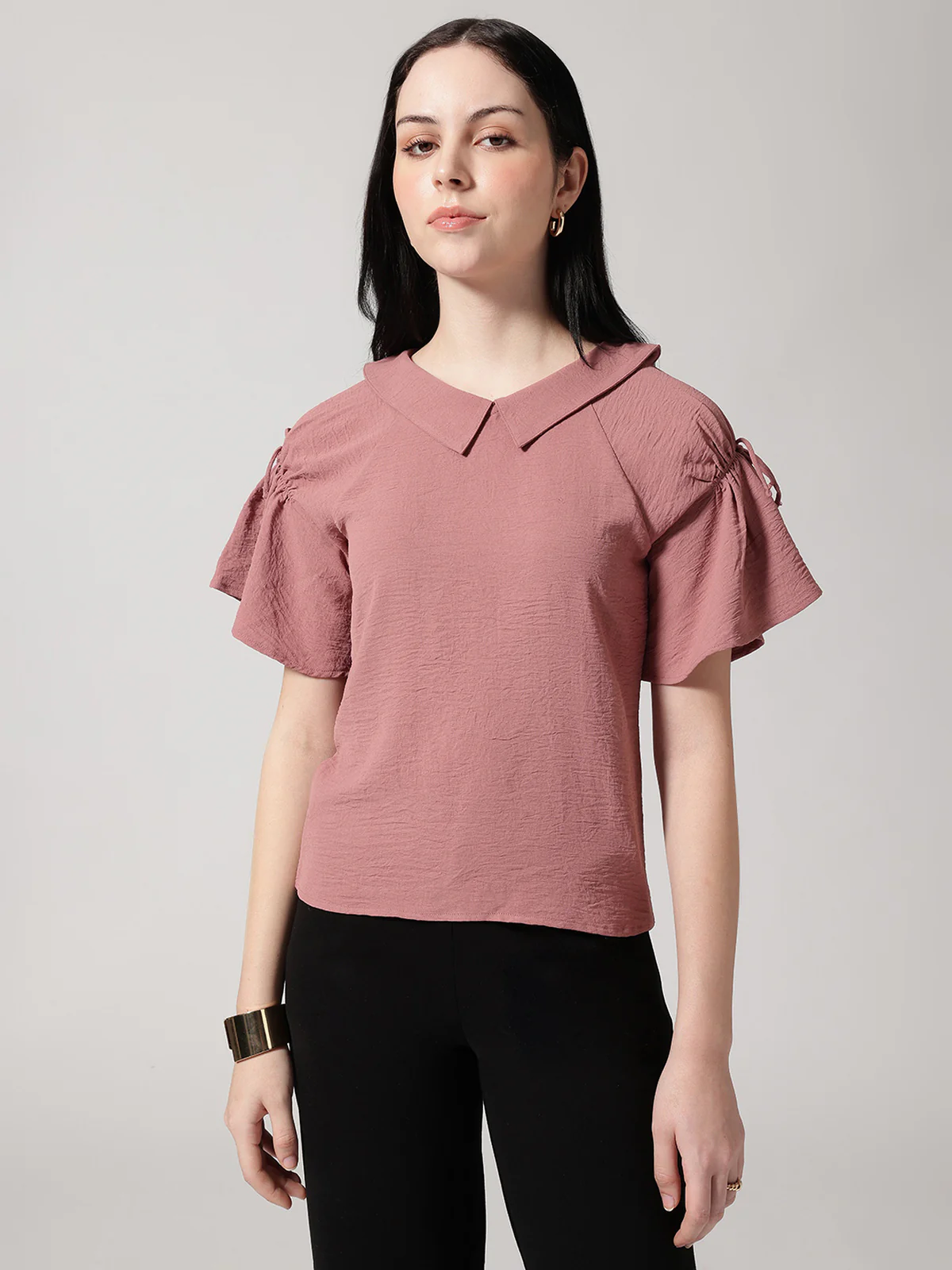 Women Mauve Solid Peter Pan Collar Top