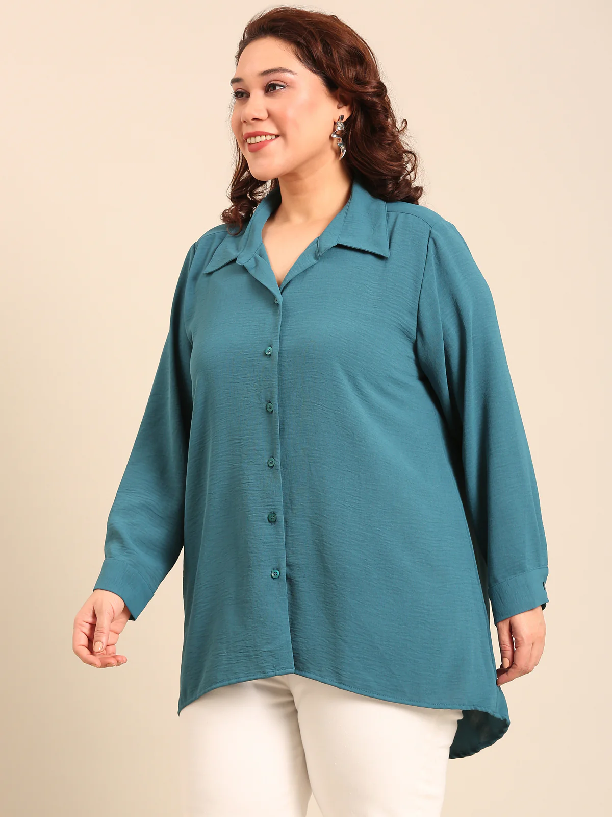 Women Teal Button Shirt - Image 3