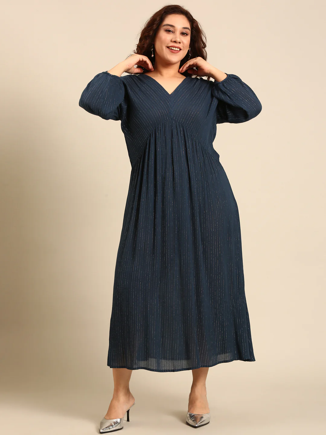 Women Teal Lurex Maxi Dress - Image 7