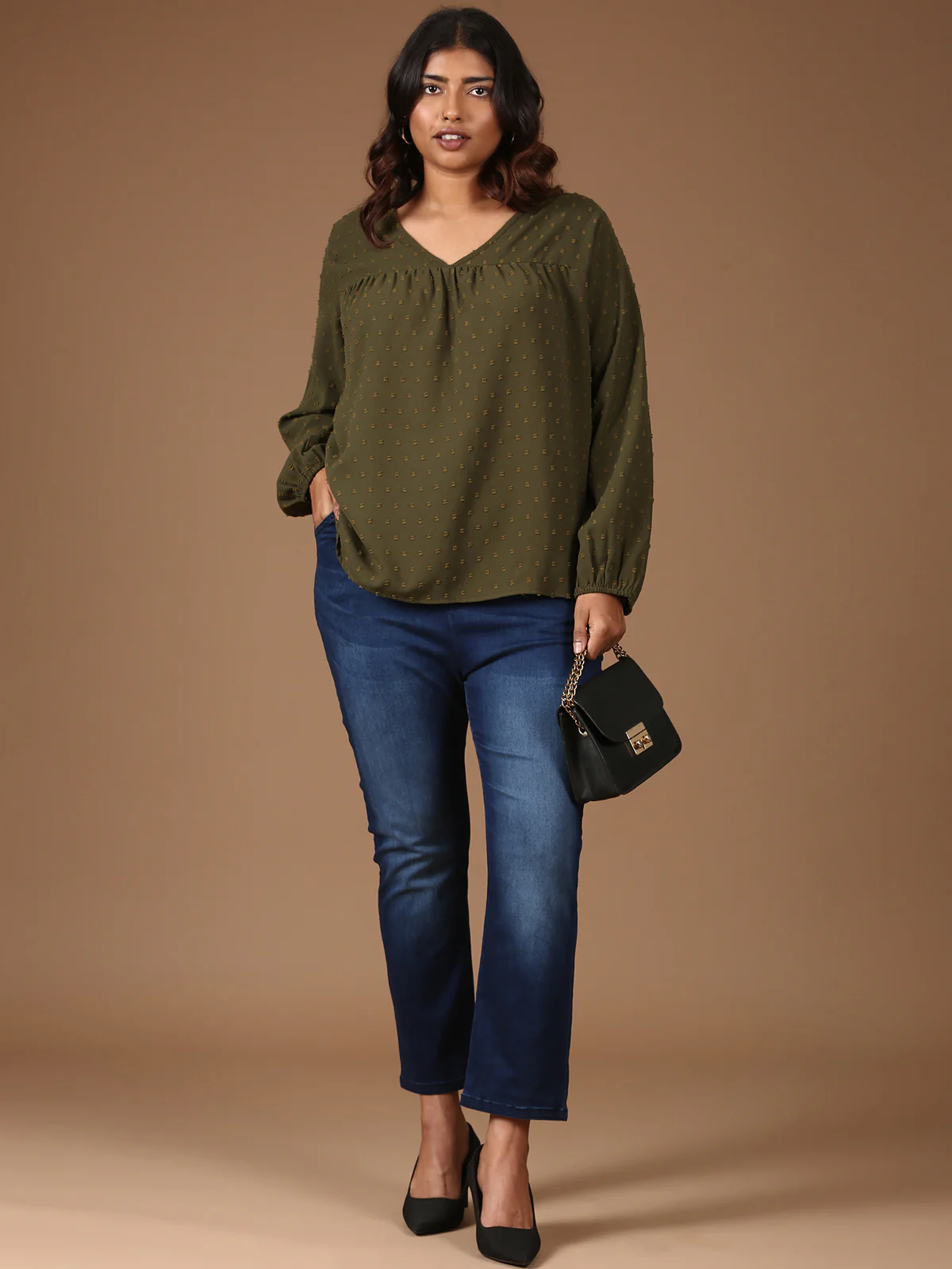 Women Textured Olive Top - Image 4