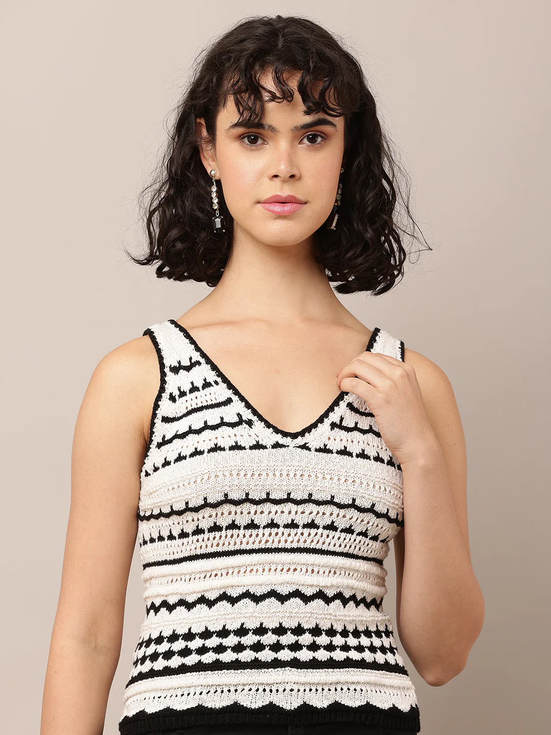 Women V-Neck Crochet Multicolour Top