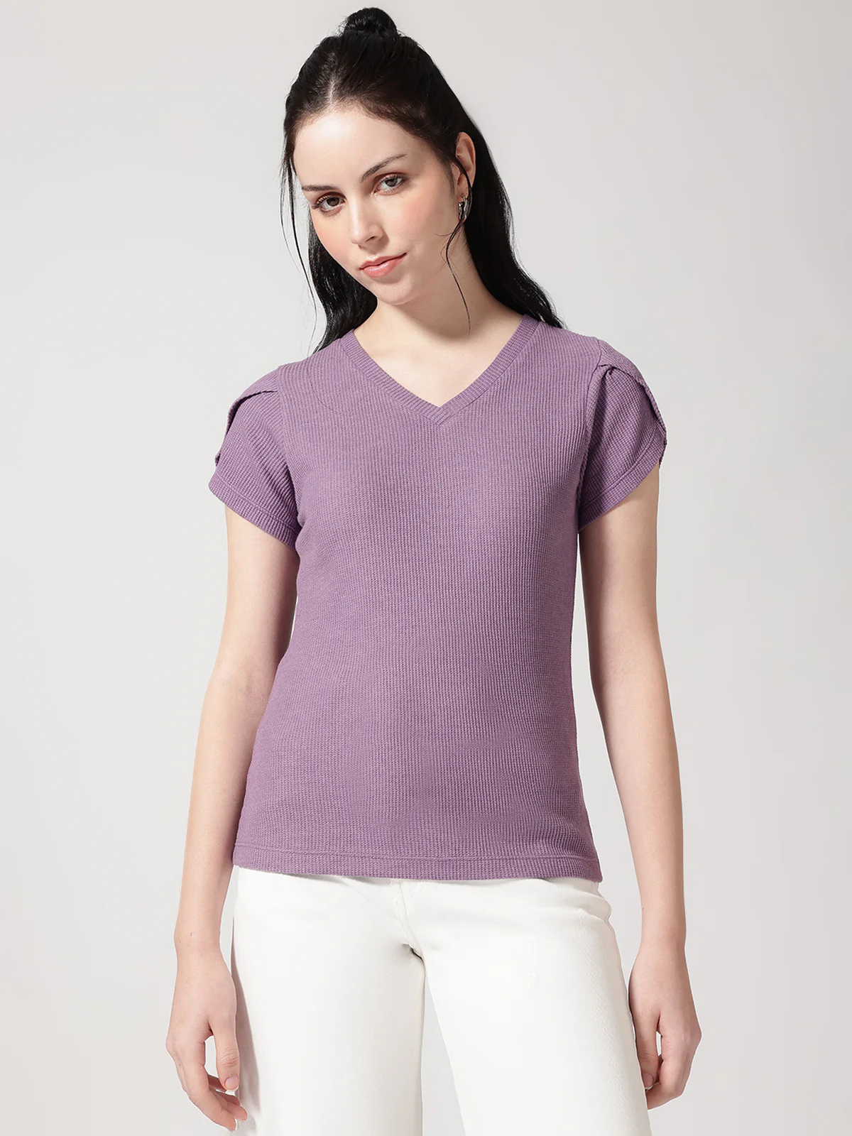 Women V-Neck Petal Sleeves Waffle T-Shirt