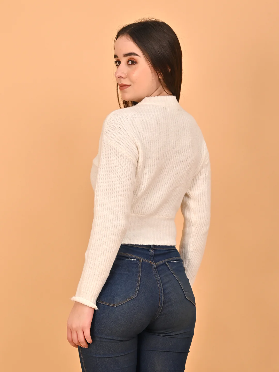 Women White Cropped Turtleneck Sweater - Image 4