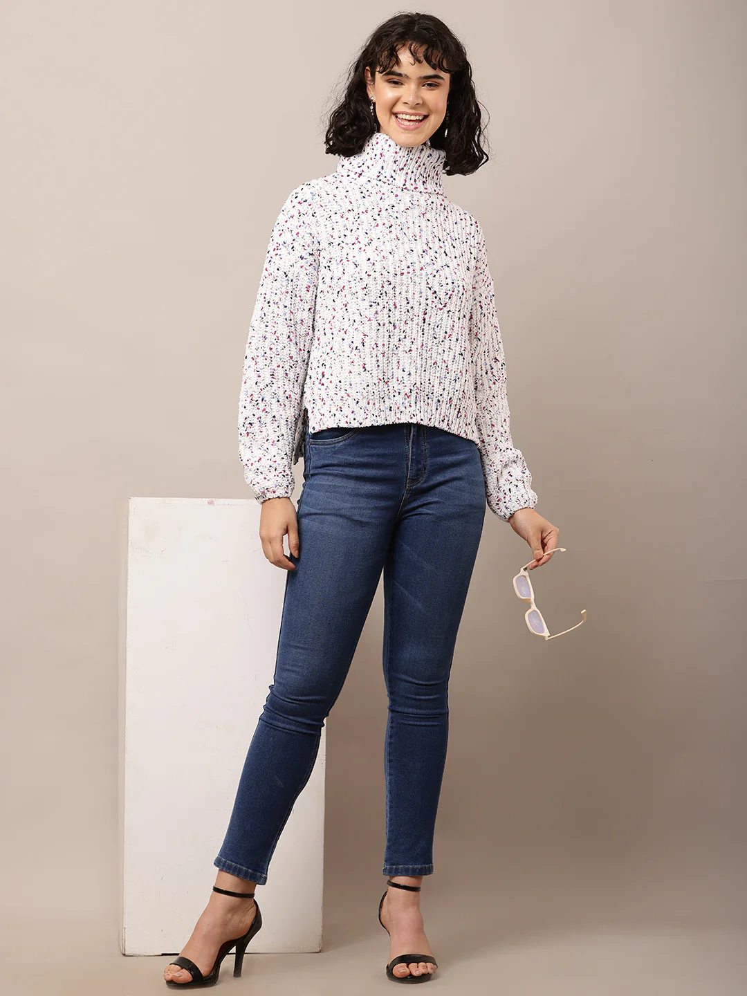Women White High-Neck Printed Acrylic Sweater - Image 3