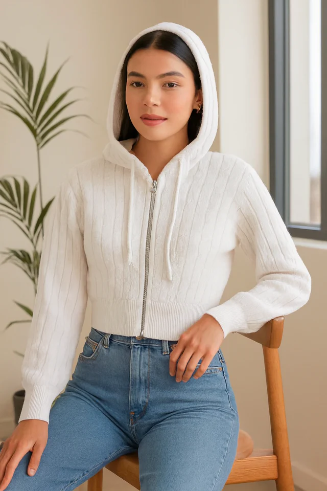 Women White Hooded Zip-Up Sweatshirt
