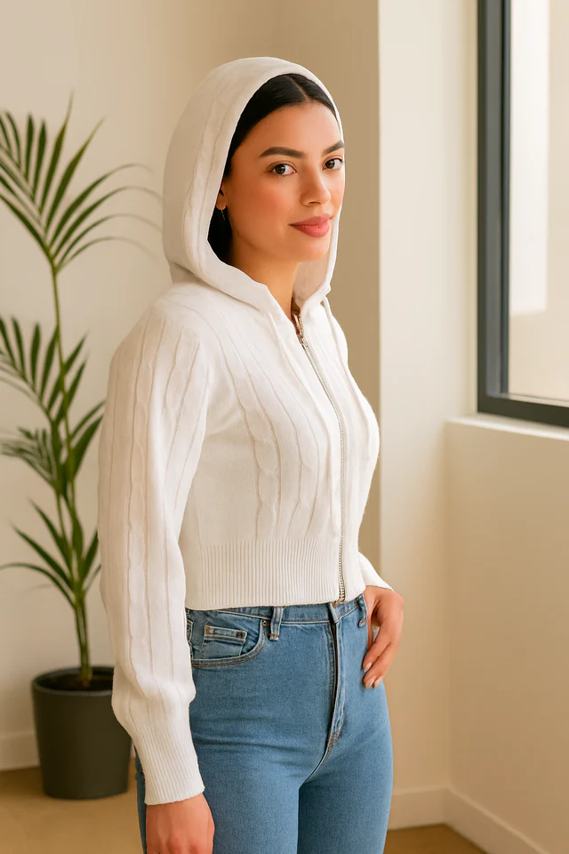 Women White Hooded Zip-Up Sweatshirt - Image 3
