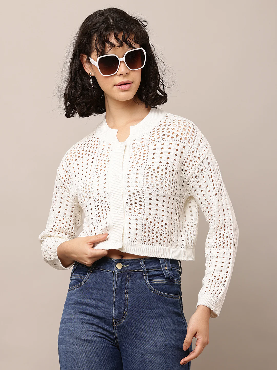 Women White Round Neck Cotton Cardigan
