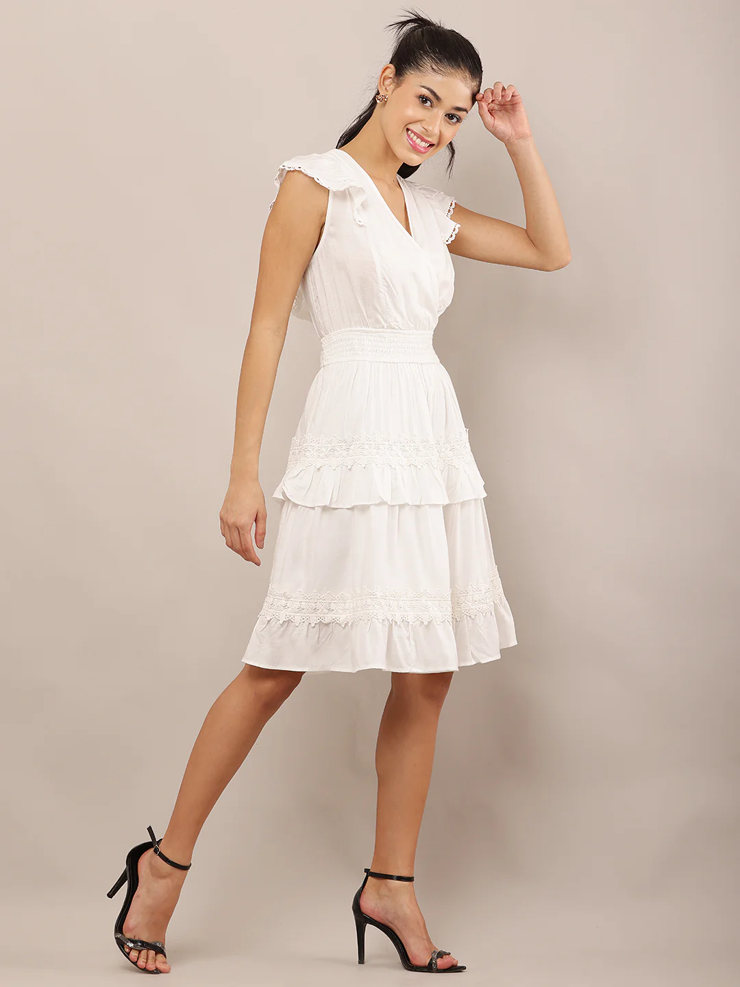 Women White Ruffled Wrap Polyester Fit & Flare Dress - Image 2