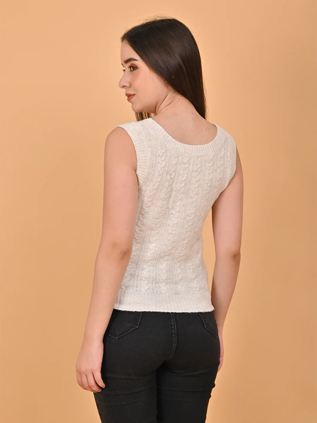 Women White Sleeveless Sweater - Image 4