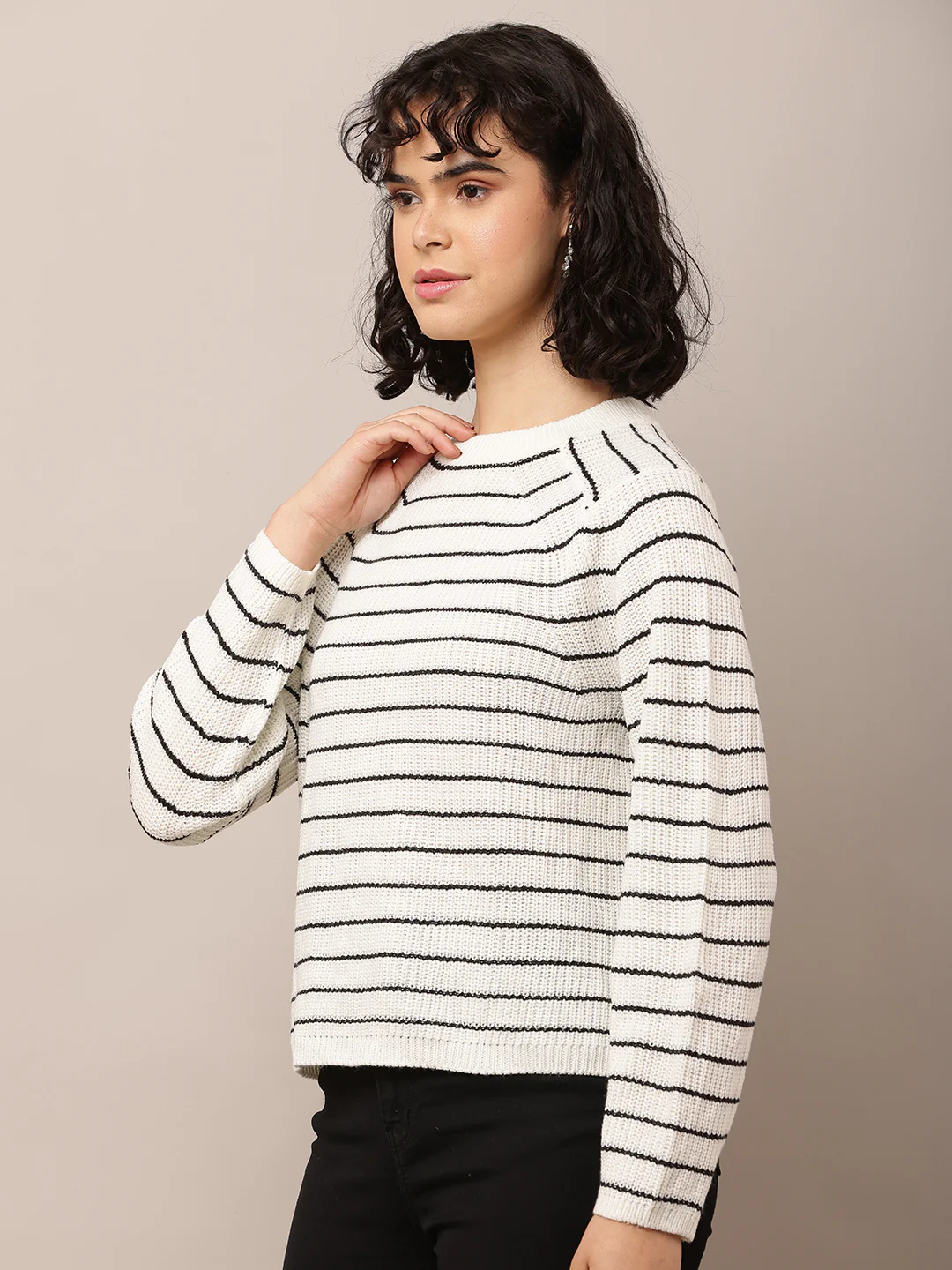 Women White Striped Turtle Neck Acrylic Sweater - Image 2
