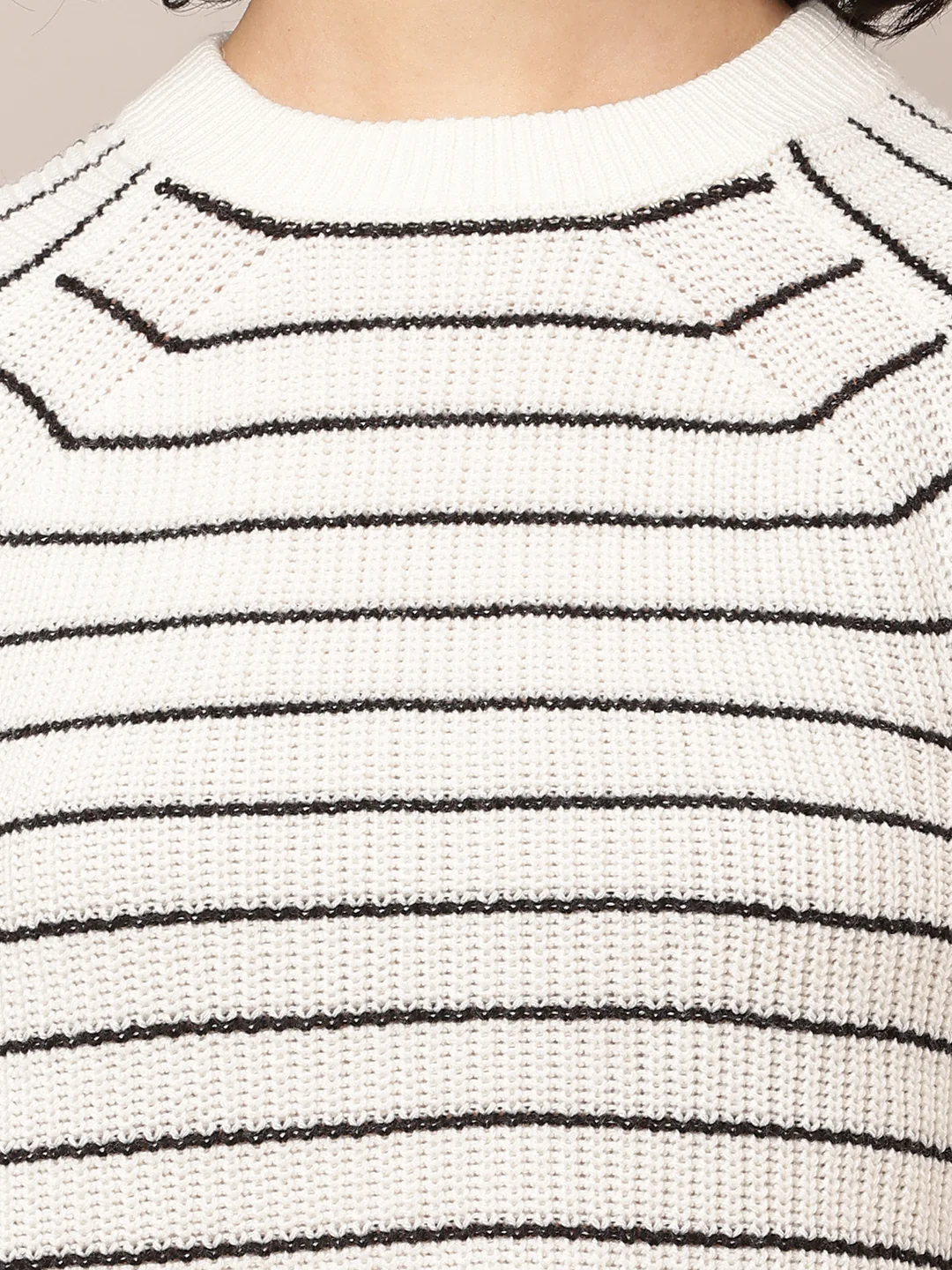 Women White Striped Turtle Neck Acrylic Sweater - Image 5