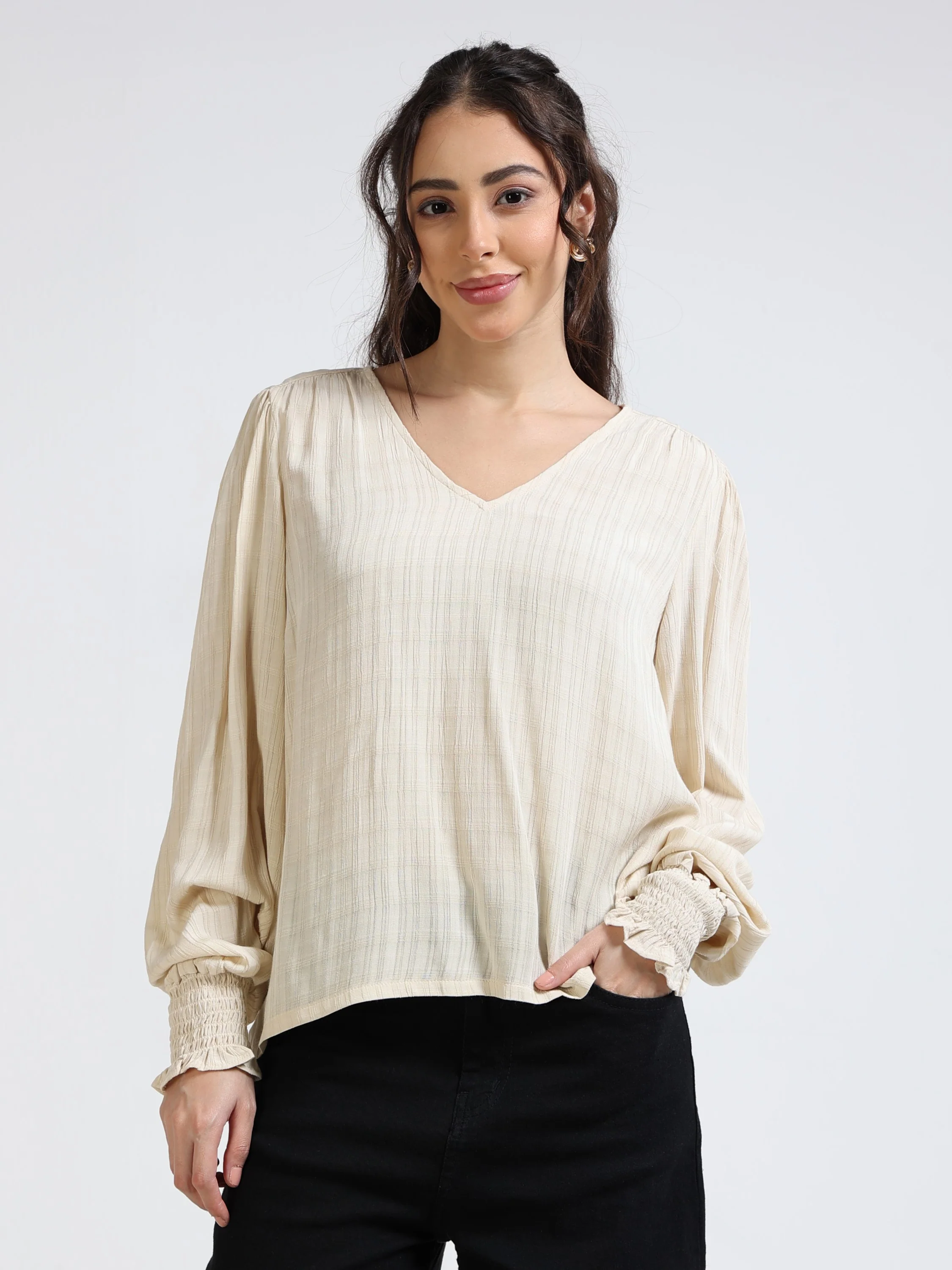 Women Beige Self Texture Top